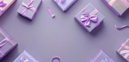 Group of Purple Wrapped Presents Stacked photo