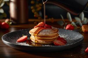 apilar de panqueques con jarabe y fresas en un plato foto