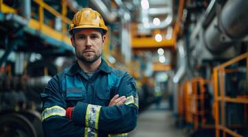 Man in Hard Hat Standing in Factory photo