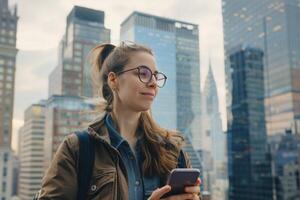 Woman Wearing Glasses Looking at Cell Phone photo