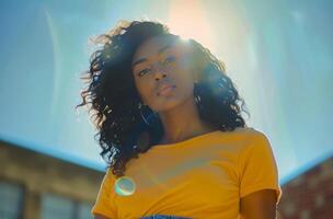 Woman Standing in Front of Blue and Yellow Wall photo