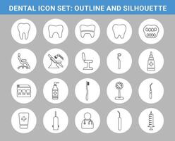 Dental icon set outline and silhouette vector