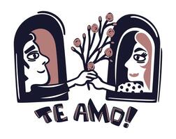 Brazilian cordel style. Man giving flowers to woman. I love you. Lettering in portuguese language. Love concept. Northeast woodcut style vector