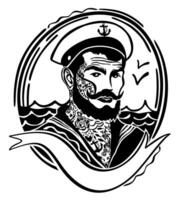 Sailor. portrait of young man with tattos in naval uniform on sea background on rounded decorative frame vector
