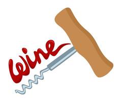 Corkscrew with red word wine. isolated illustration vector