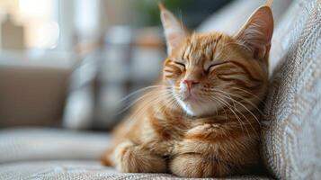 Close Up of a Cat Laying on a Couch photo