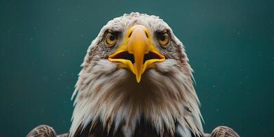 cerca arriba de un calvo águila en contra un verde antecedentes foto