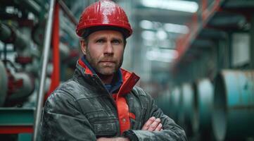 Man Wearing Red Jacket and Hard Hat photo