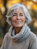 Older Woman in Gray Sweater and White Scarf photo