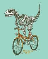 Hand-drawn illustration of a dinosaur skeleton riding a bicycle. Used for decoration, prints on t-shirts, etc. vector