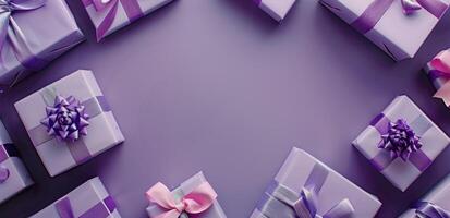 Group of Purple Wrapped Presents Stacked photo