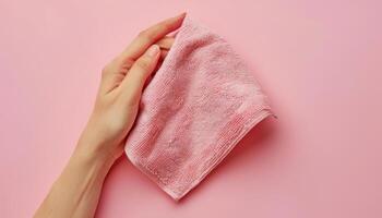 Two Hands Holding Pink Cloth on Pink Background photo