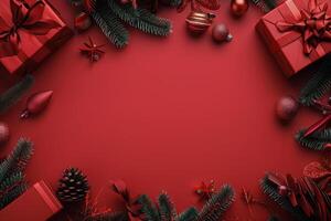 Red Background With Presents and Christmas Decorations photo