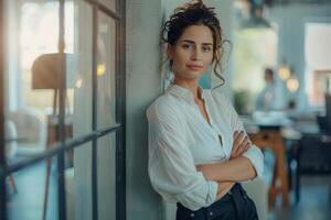 Woman Leaning Against Wall With Arms Crossed photo