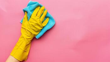 Hand With Yellow Glove on Pink Surface photo