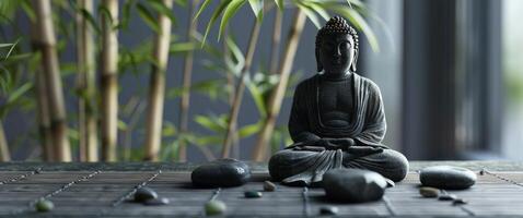 Buddha Statue Sitting in Front of Bamboo Tree photo