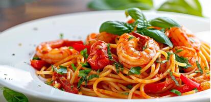 Plate of Pasta With Shrimp and Tomato Sauce photo