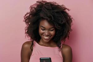 Woman Smiles at Cell Phone photo