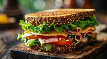 Delicious Sandwich With Meat, Lettuce, and Tomatoes photo