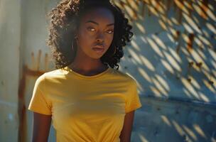 Woman Standing in Front of Blue and Yellow Wall photo