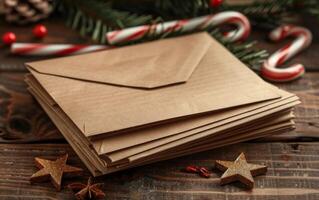 Stack of Brown Envelopes on Wooden Table photo