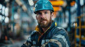 Man in Hard Hat Standing in Factory photo