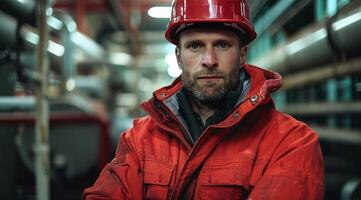 Man Wearing Red Jacket and Hard Hat photo