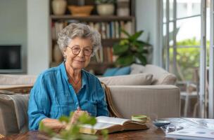 Woman Sitting at Table Reading Book photo