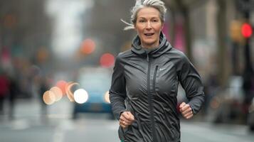 Woman Running Down City Street photo