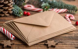 Stack of Brown Envelopes on Wooden Table photo