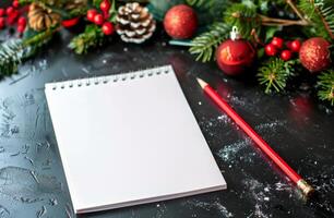 Notepad, Pencil, and Christmas Decorations on Table photo