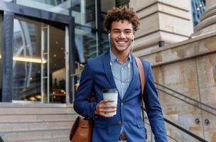 Man in Blue Suit Holding Cup of Coffee photo