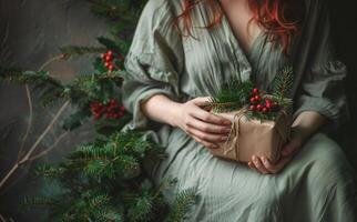 Woman in Green Dress Holding Present photo