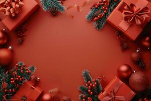 Red Background With Presents and Christmas Decorations photo