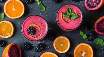 Table With Oranges, Blackberries, and Raspberries photo