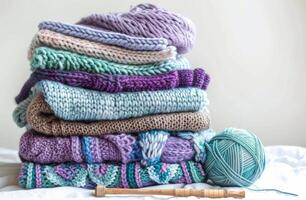 Pile of Knitted Blankets and Yarn Balls photo