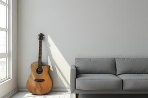 Cozy Living Room With Couch and Guitar photo