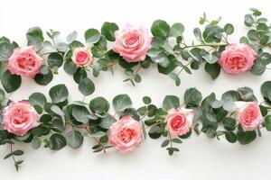 Bunch of Pink Roses With Green Leaves photo