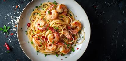 Plate of Pasta With Shrimp and Parsley photo