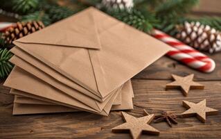 Stack of Brown Envelopes on Wooden Table photo