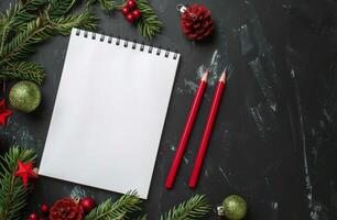 Notepad With Pencil and Christmas Decorations photo