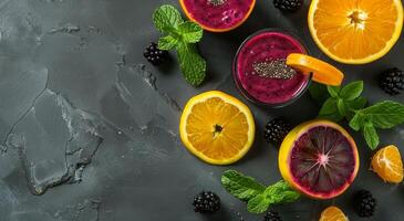 Table With Fruit and Glass of Juice photo