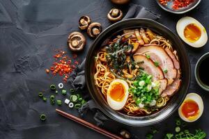 Bowl of Noodles With Meat, Eggs, and Vegetables photo