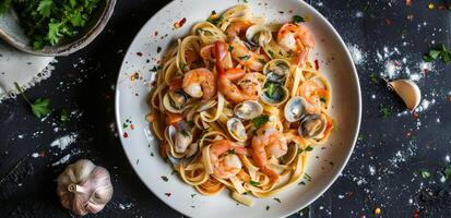 Plate of Pasta With Shrimp and Clams photo