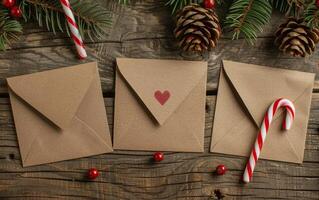 Three Envelopes With Candy Canes on a Wooden Table photo