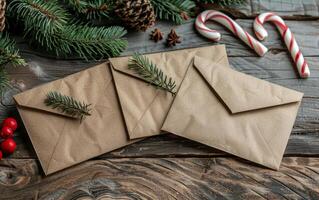 Three Envelopes With Candy Canes on a Wooden Table photo