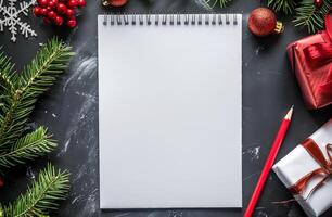 Notepad, Pencil, and Christmas Decorations on Table photo