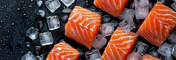 Salmon Slices on Ice on a Black Background photo