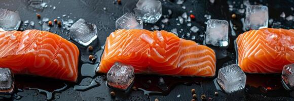 Salmon Slices on Ice on a Black Background photo