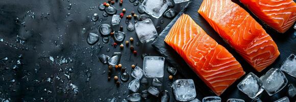 Salmon Slices on Ice on a Black Background photo